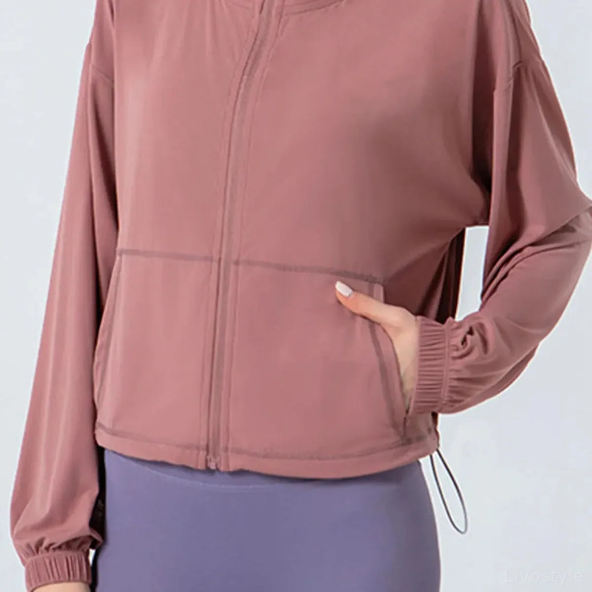 Drawstring Zip-Up Cropped Dropped Shoulder Active Jacket
