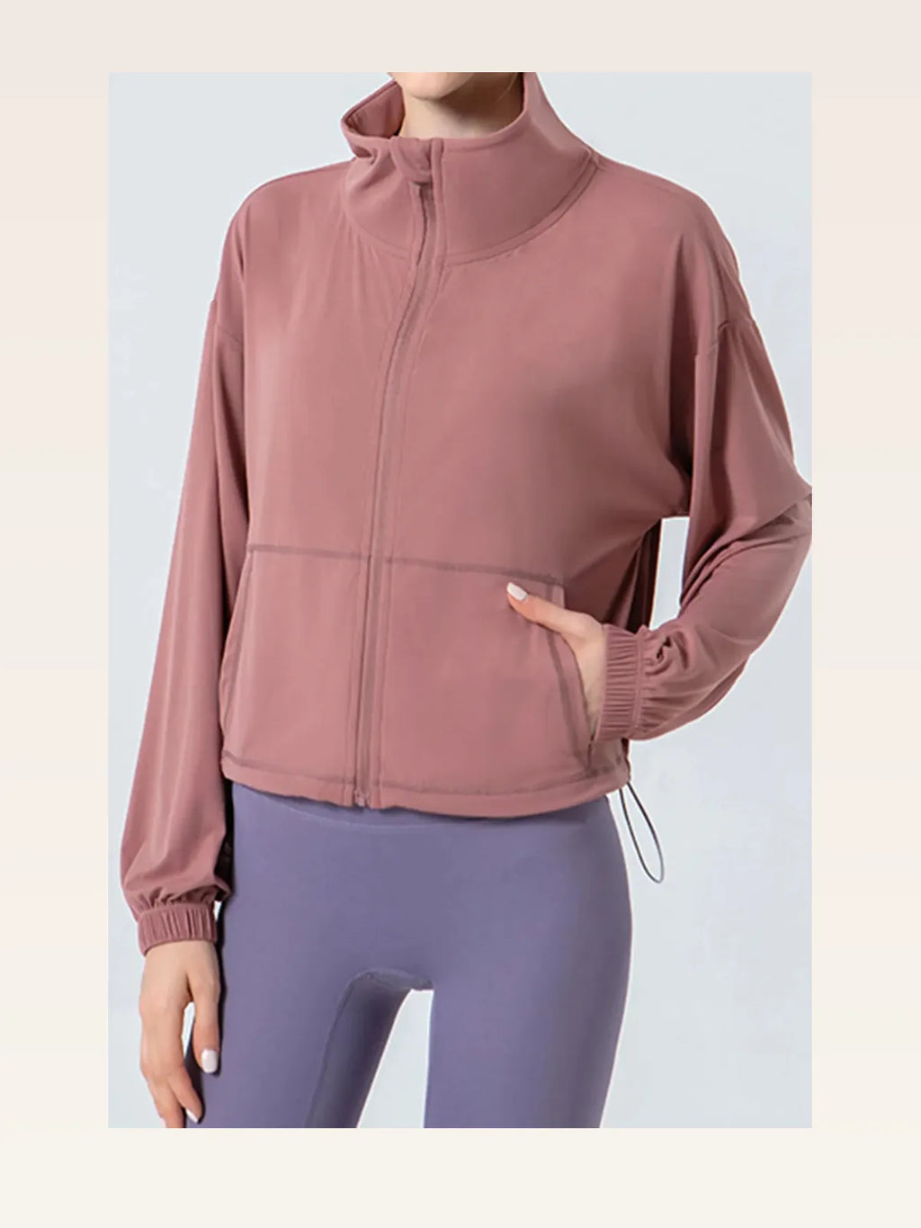 Drawstring Zip-Up Cropped Dropped Shoulder Active Jacket