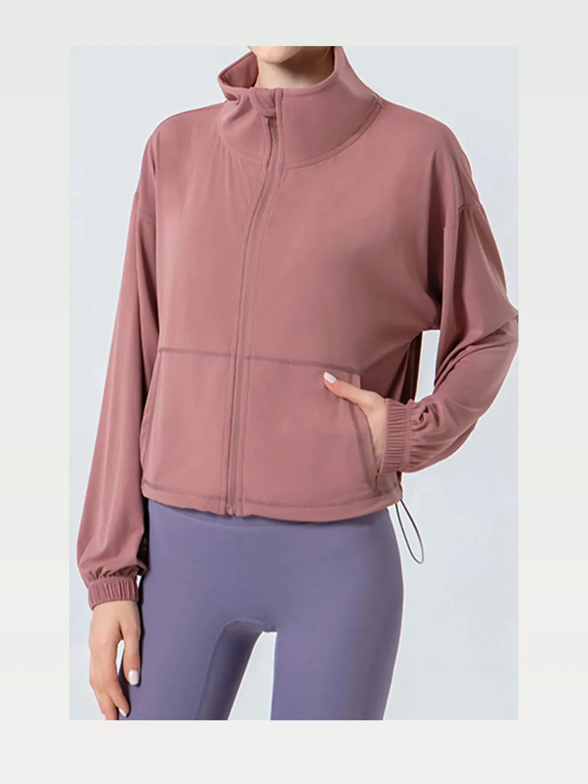 Drawstring Zip-Up Cropped Dropped Shoulder Active Jacket