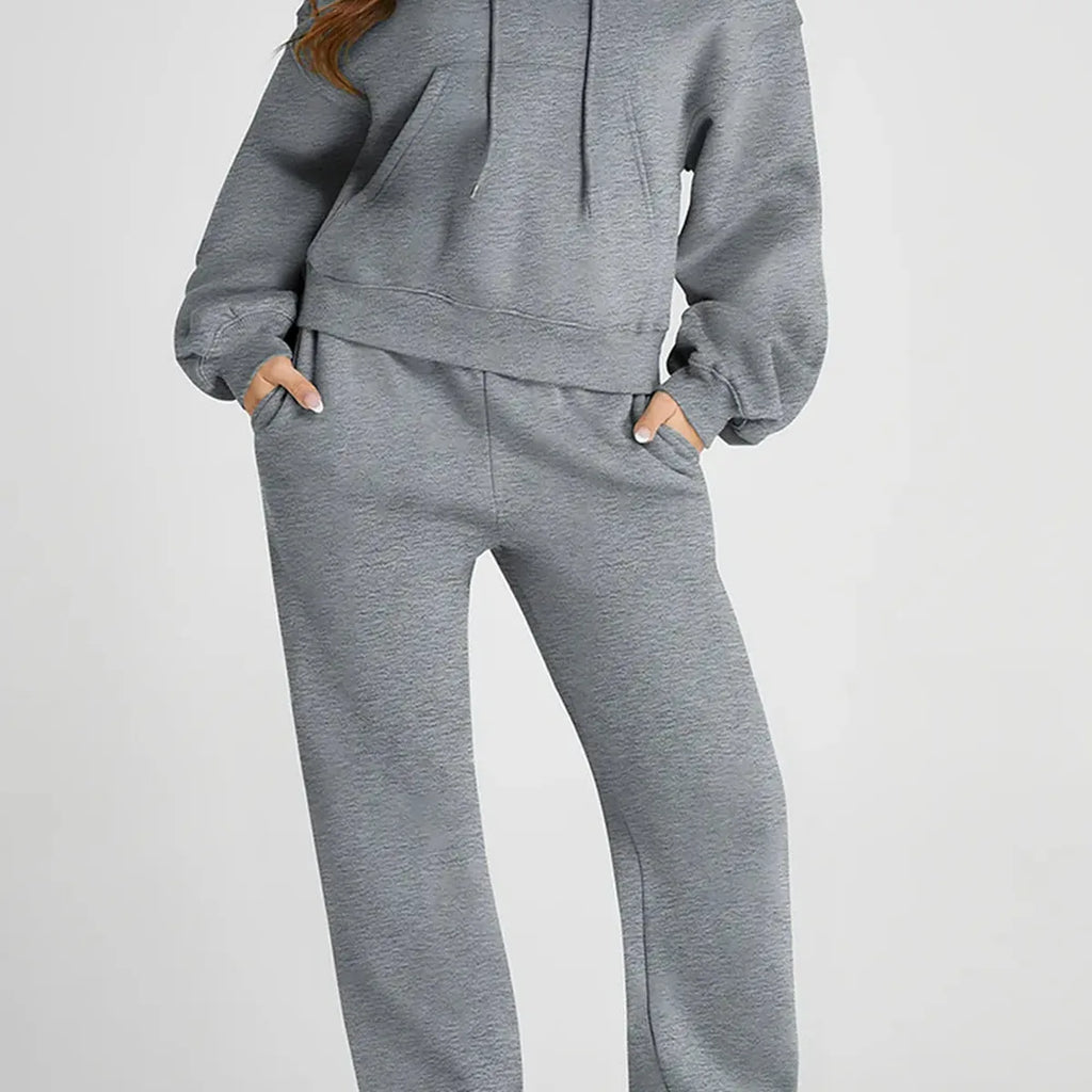 Gray Dropped Shoulder Hooded Top and Pants Active Set