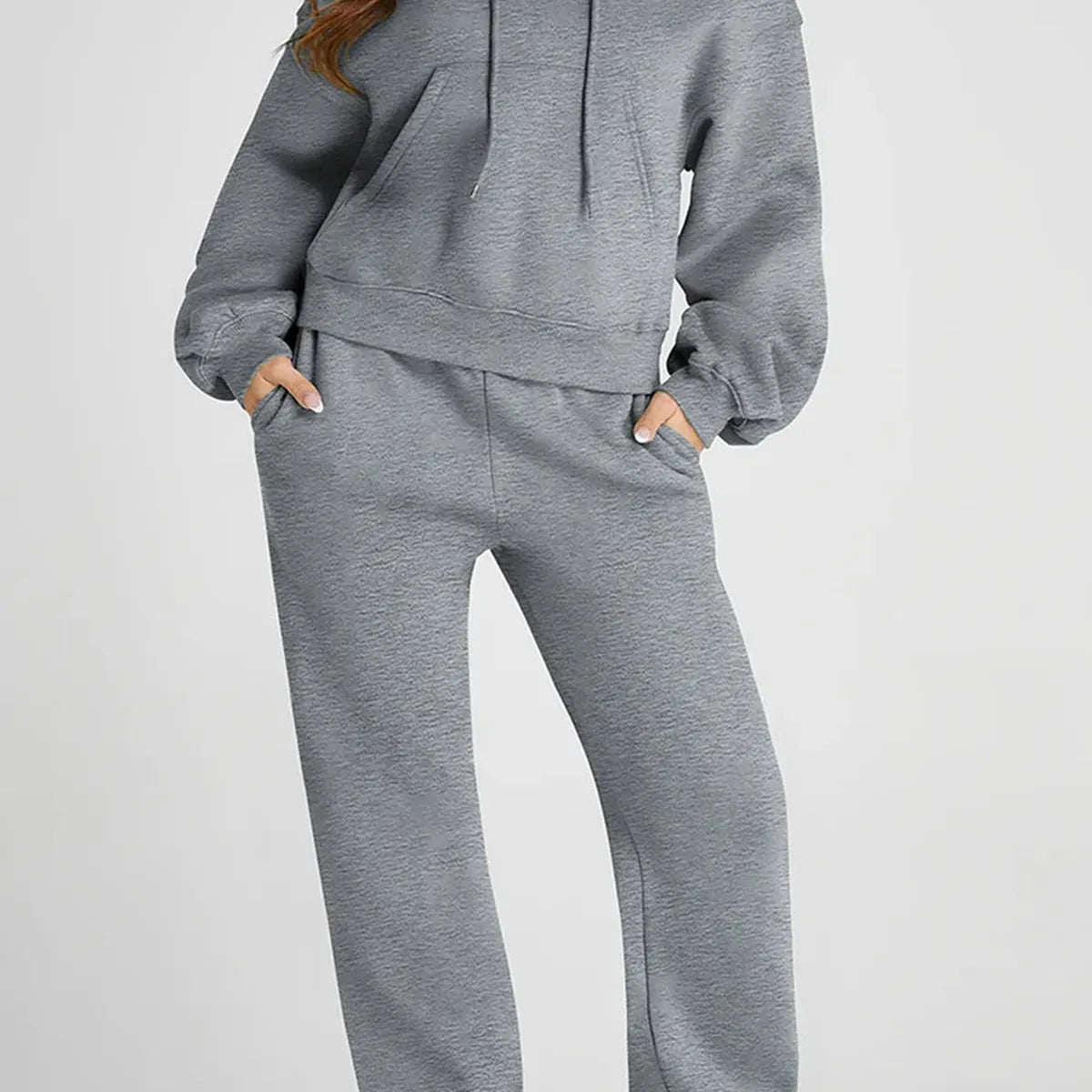 Gray Dropped Shoulder Hooded Top and Pants Active Set