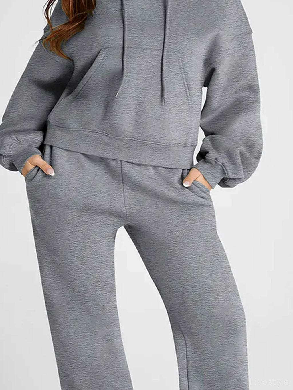 Gray Dropped Shoulder Hooded Top and Pants Active Set