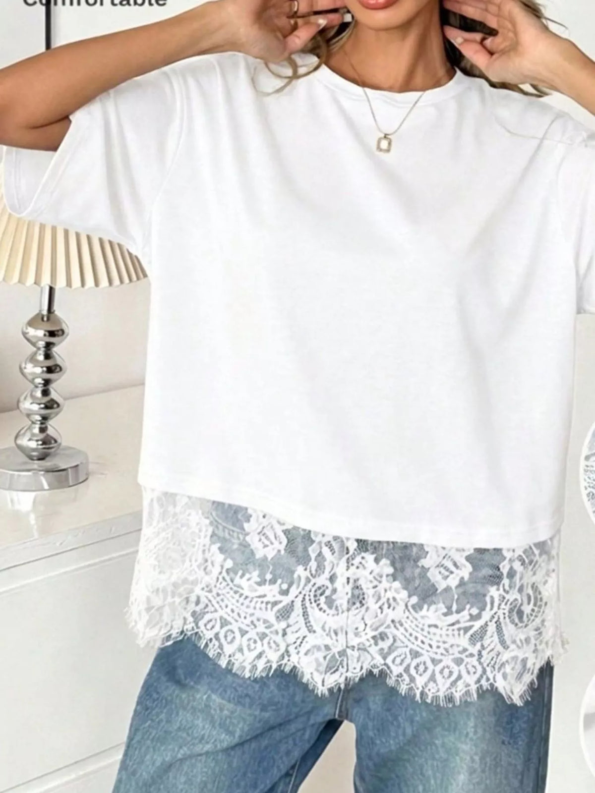 Lace Hem Round Neck T-Shirt