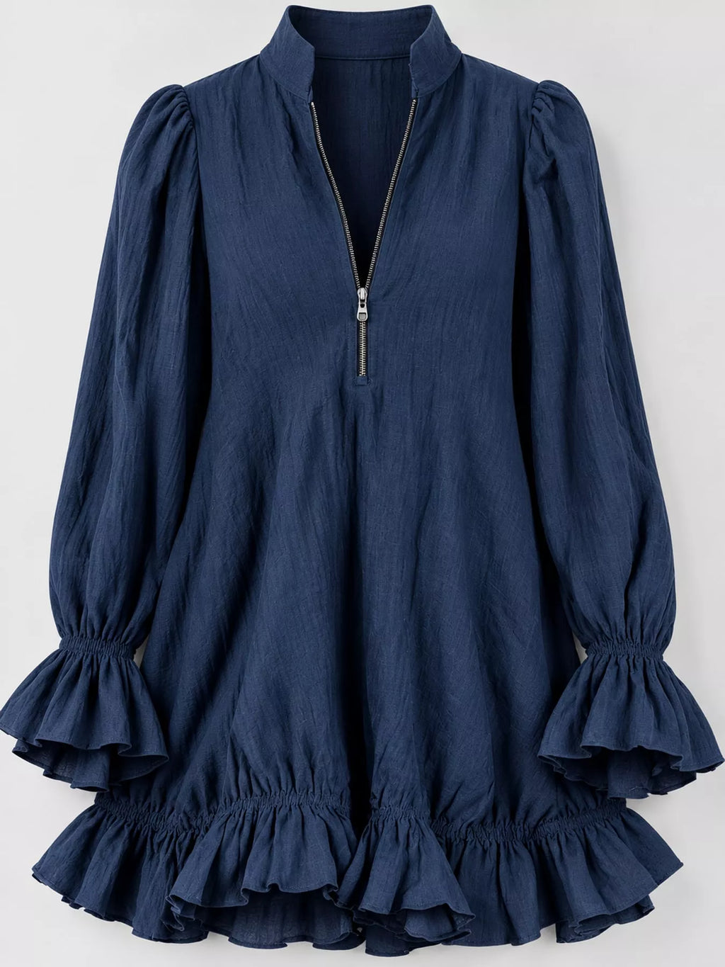 Zipper-Front Ruffle Hem Mini Dress