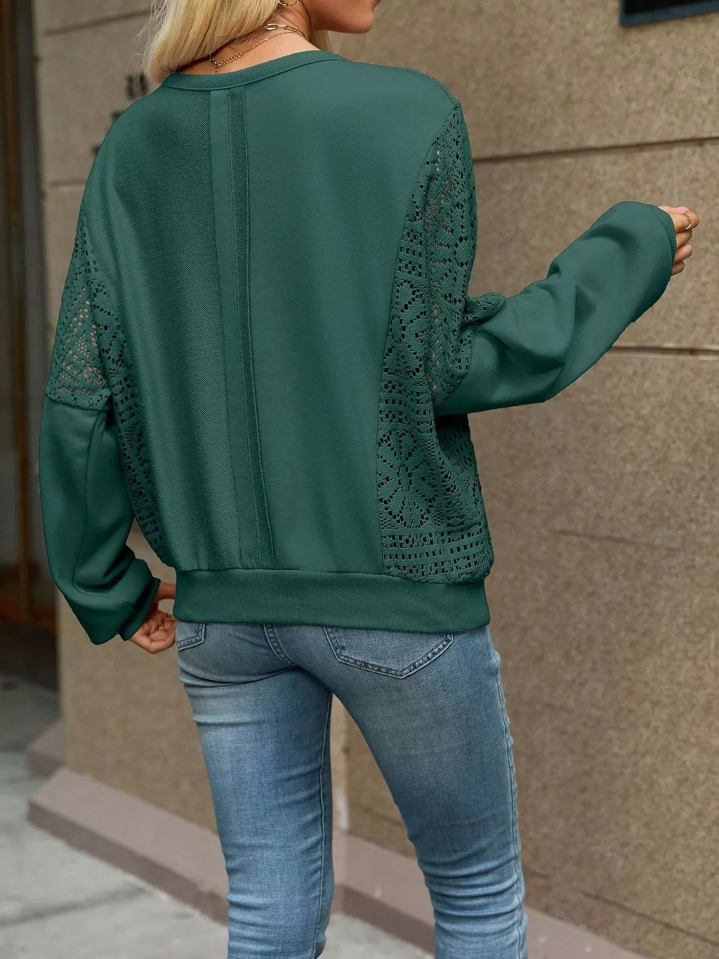 Lace Sleeve Crew Neck Sweatshirt
