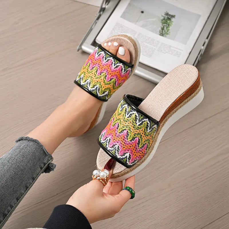 Open Toe Straw Braided Wedge Sandals