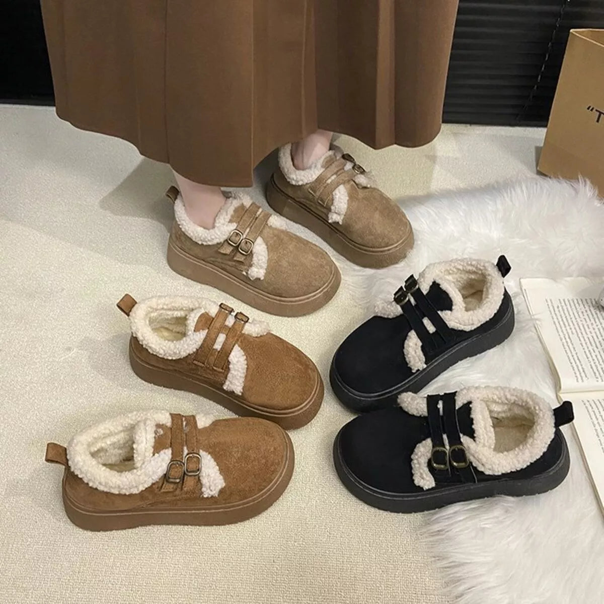 Double Buckle Fur-Lined Winter Ankle Boots