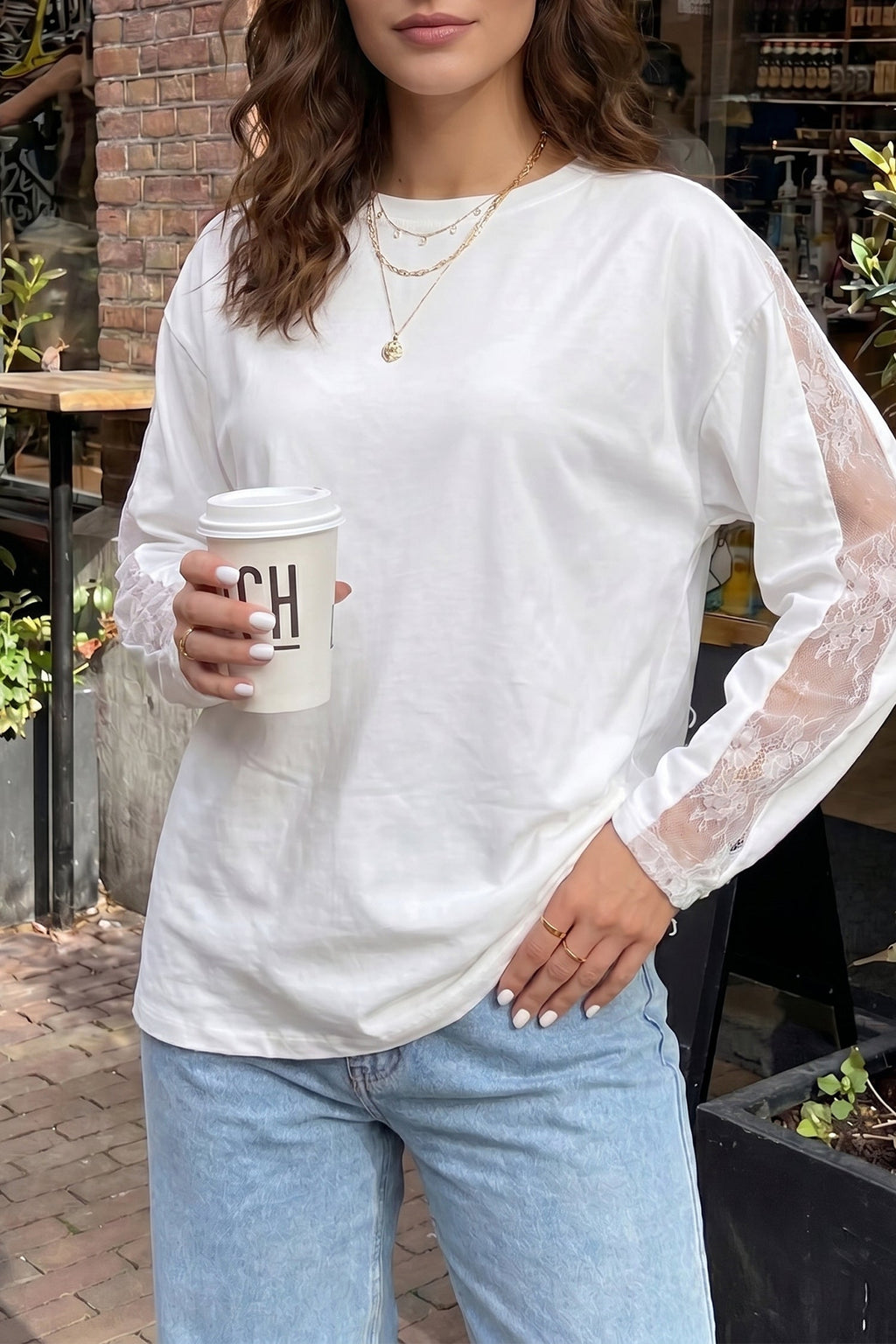 White Lace Patchwork Round Neck Long Sleeve Top