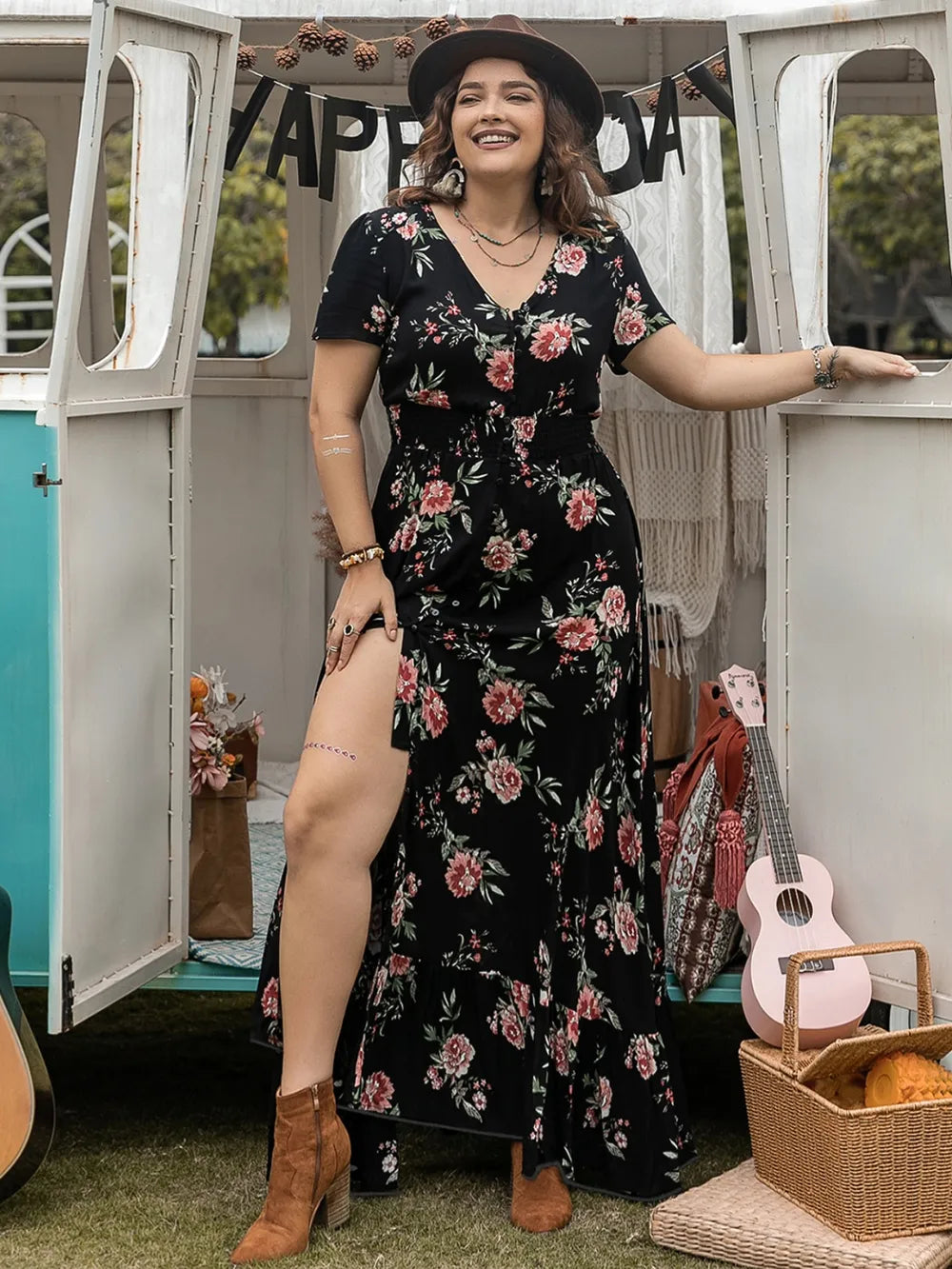 Button Detail Printed V-Neck Short Sleeve Maxi Dress