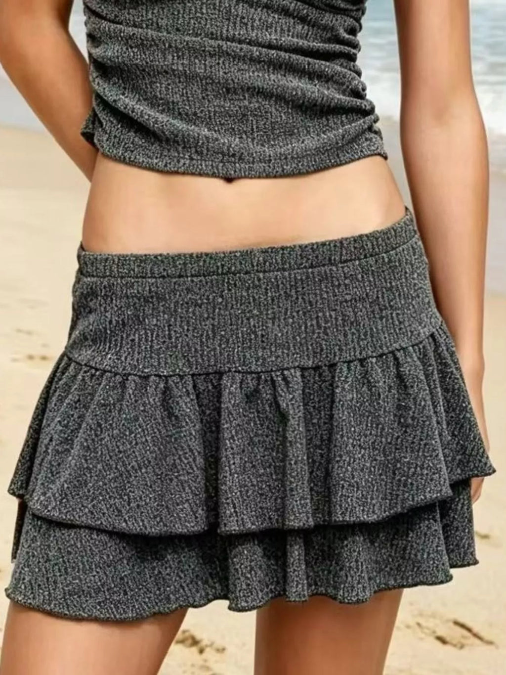 One-Shoulder Ribbed Tank and Layered Ruffle Skirt Set