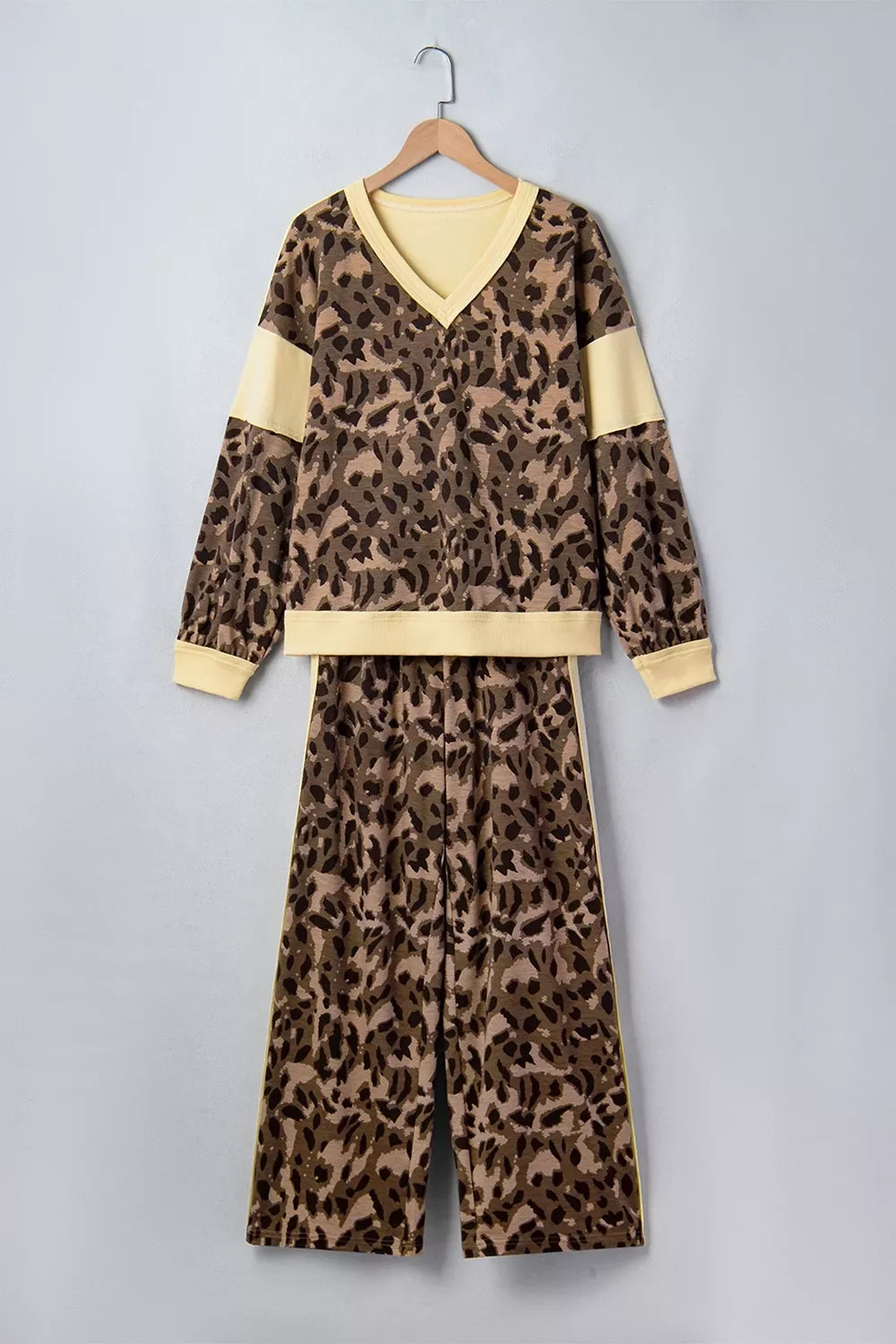 Leopard Print Long Sleeve V-Neck Top & Wide Leg Pant Set