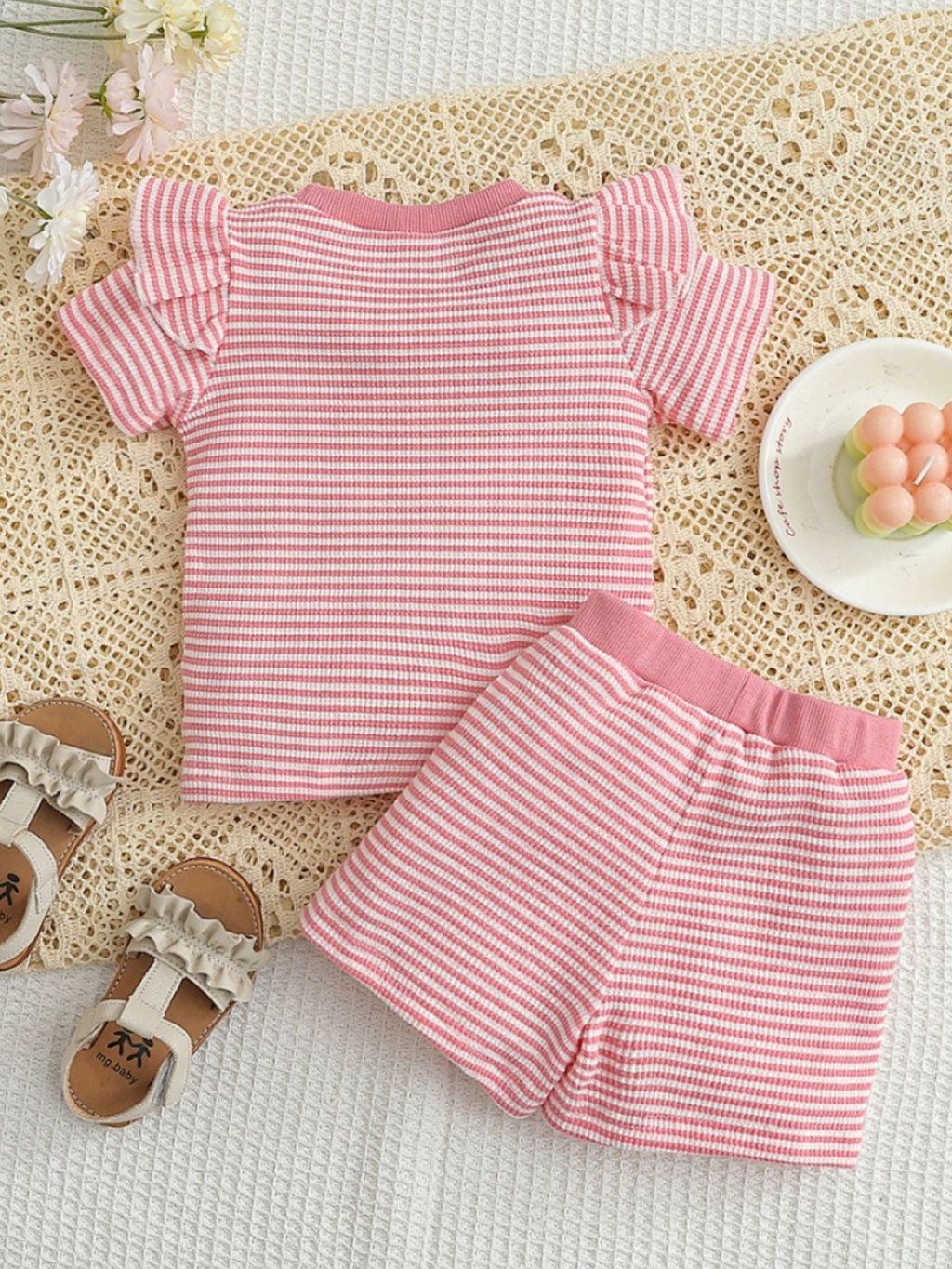 Children's Duck Embroidered Ruffle Sleeve Striped Top and Shorts Set