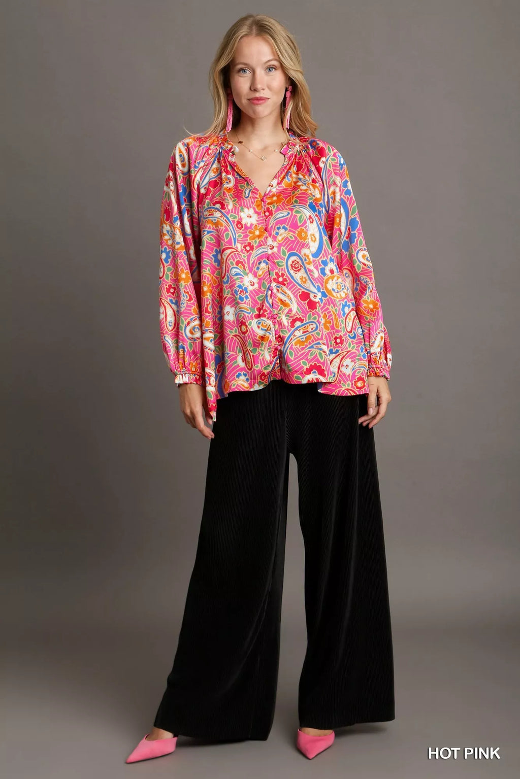 Satin Paisley Ruffle Neck Button-Up Shirt – Plus Size
