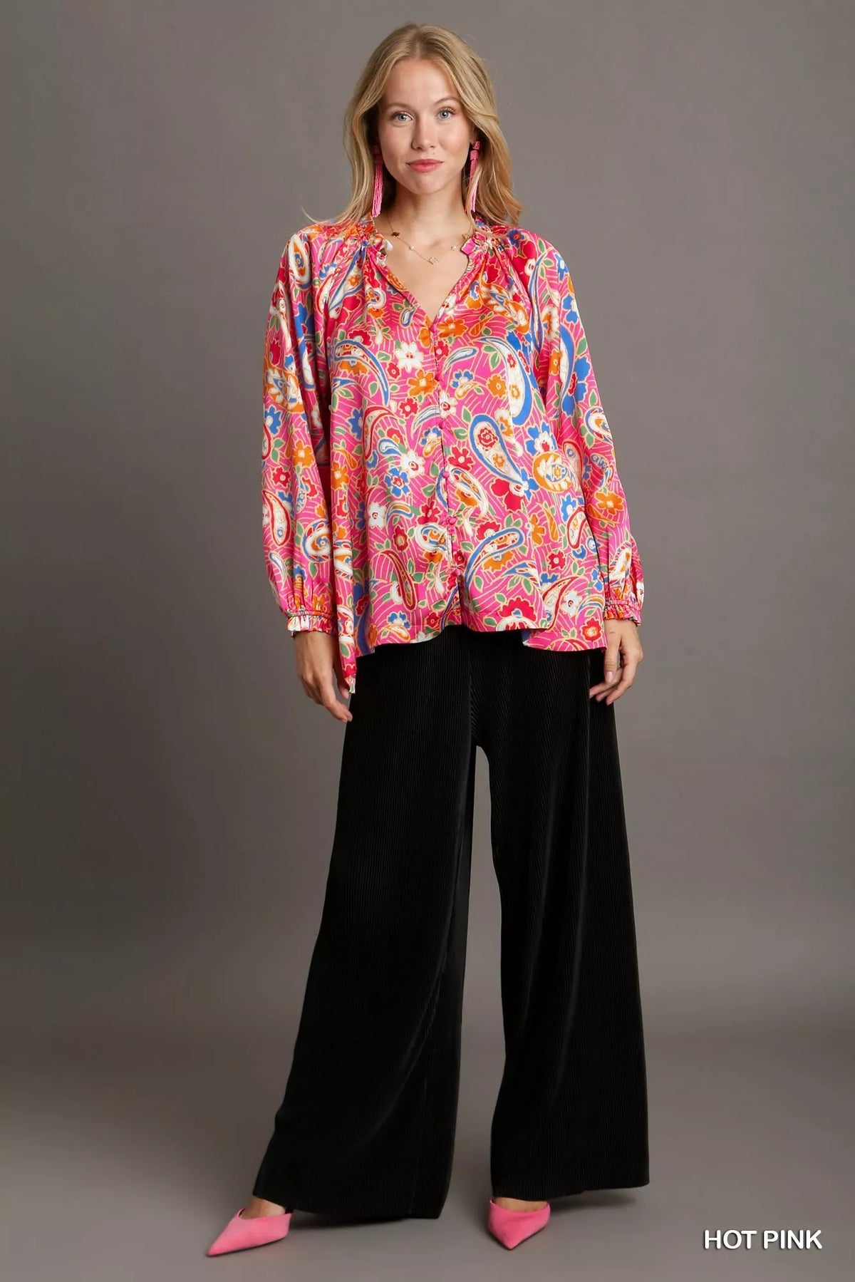 Satin Paisley Ruffle Neck Button-Up Shirt – Plus Size