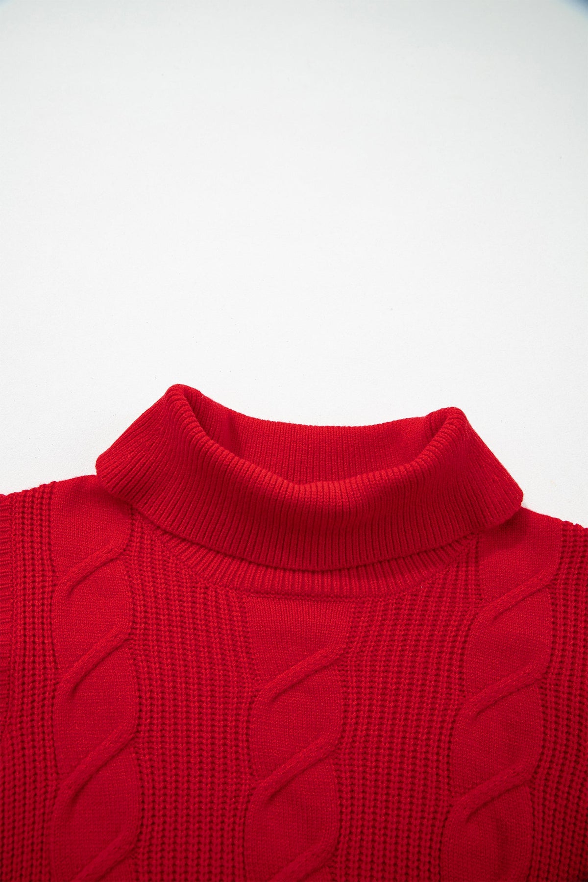 Cable Knit Turtleneck Ruffle Short Sleeve Sweater