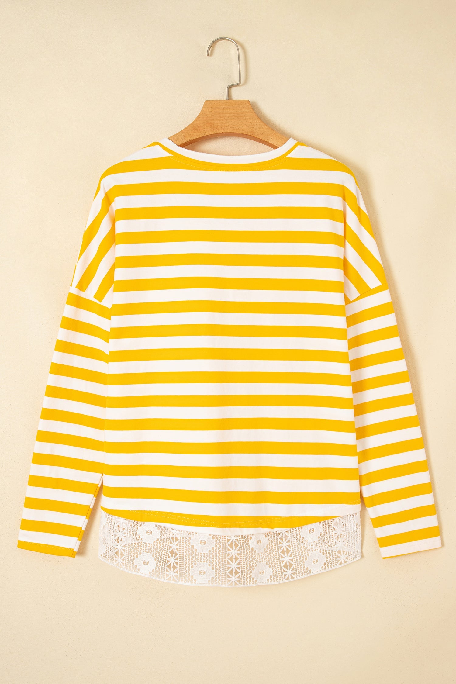 Yellow Stripe Striped Lace Patchwork V Neck Long Sleeve Top