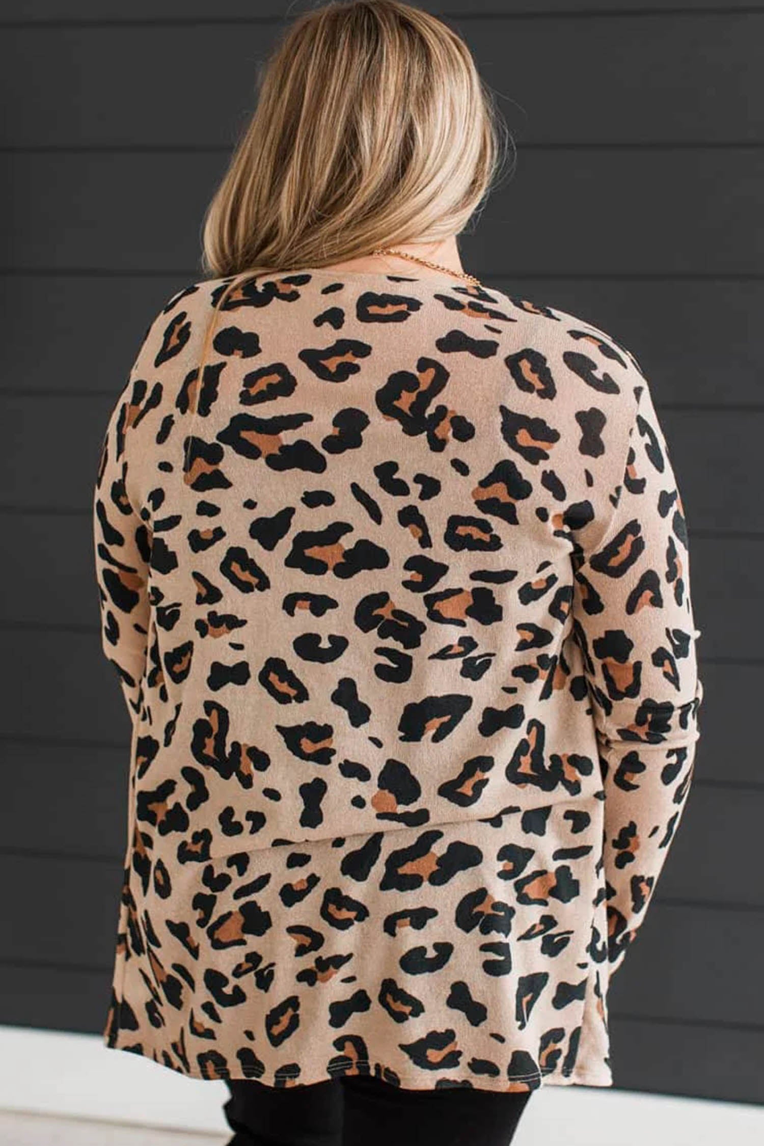 Khaki Leopard Print Long Sleeve V Neck Tunic Plus Size Cardigan