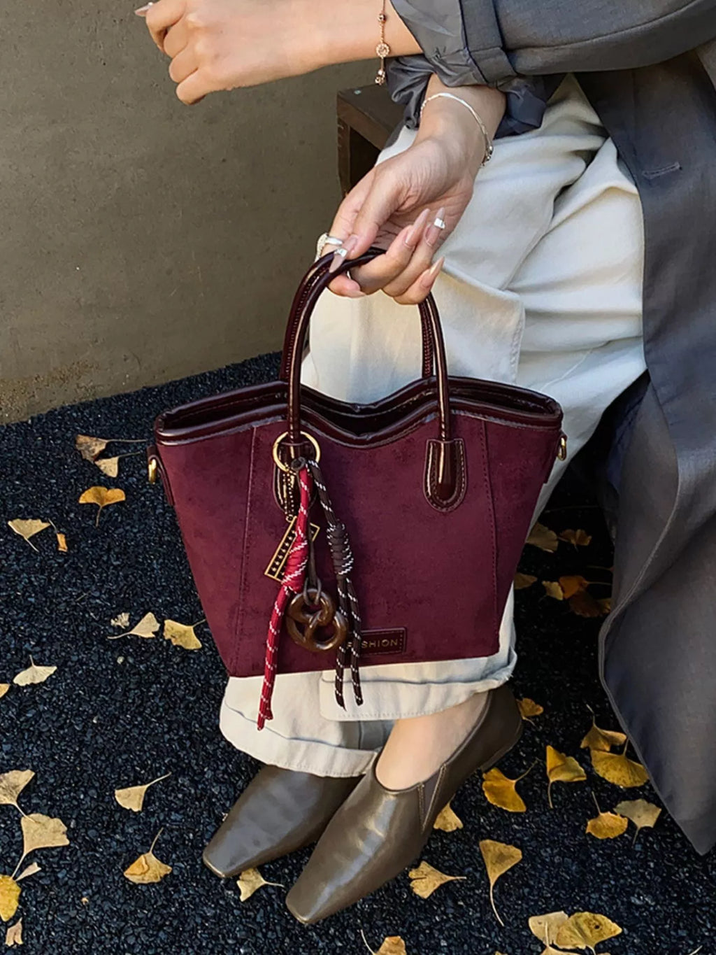 Suede Leather Strap Tote Bag