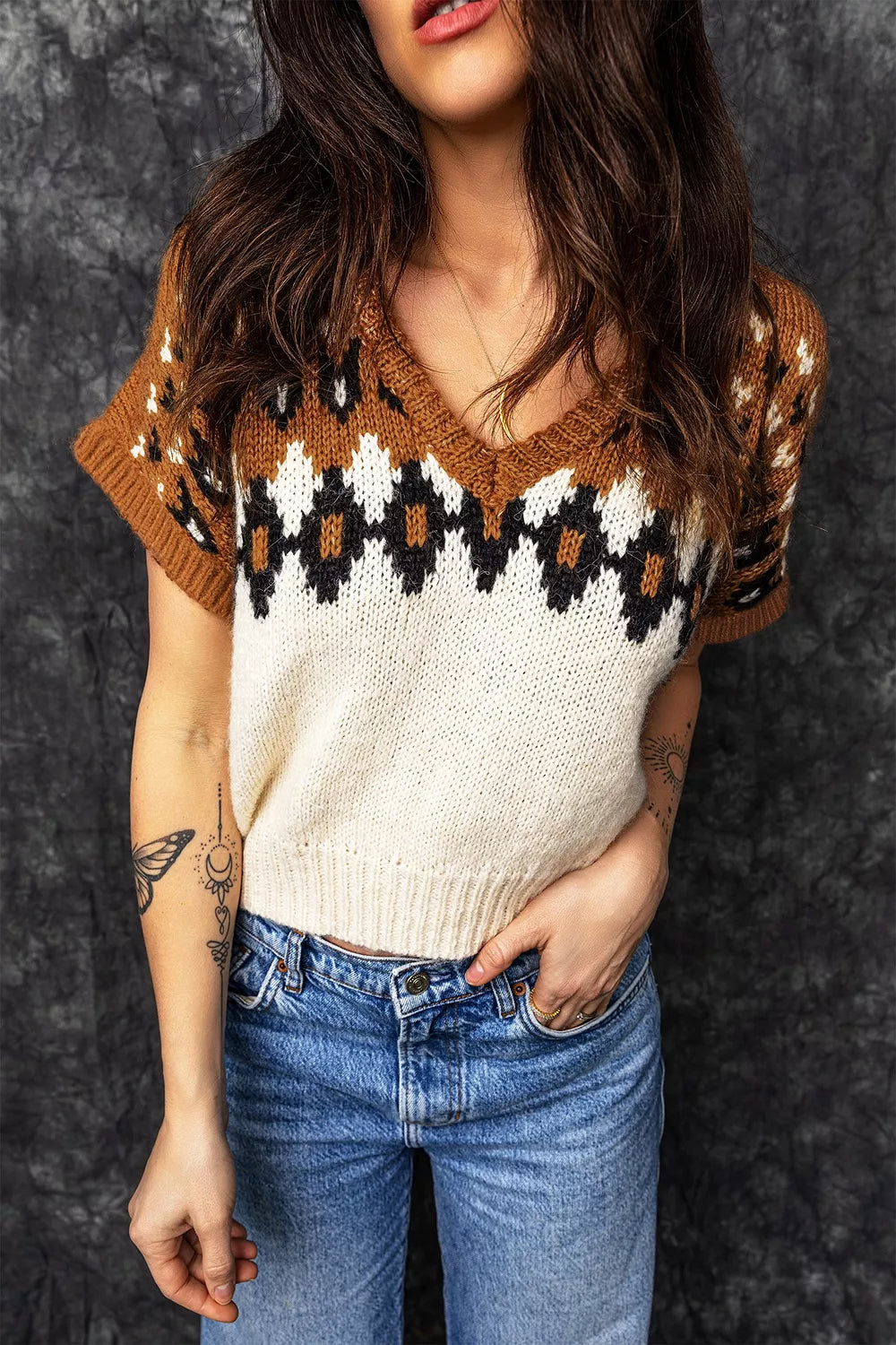 V Neck Short Sleeve Geometric Sweater