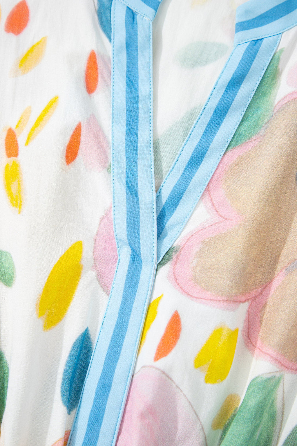 Multicolour Floral Doodle Print Striped Trim V Neck Midi Dress