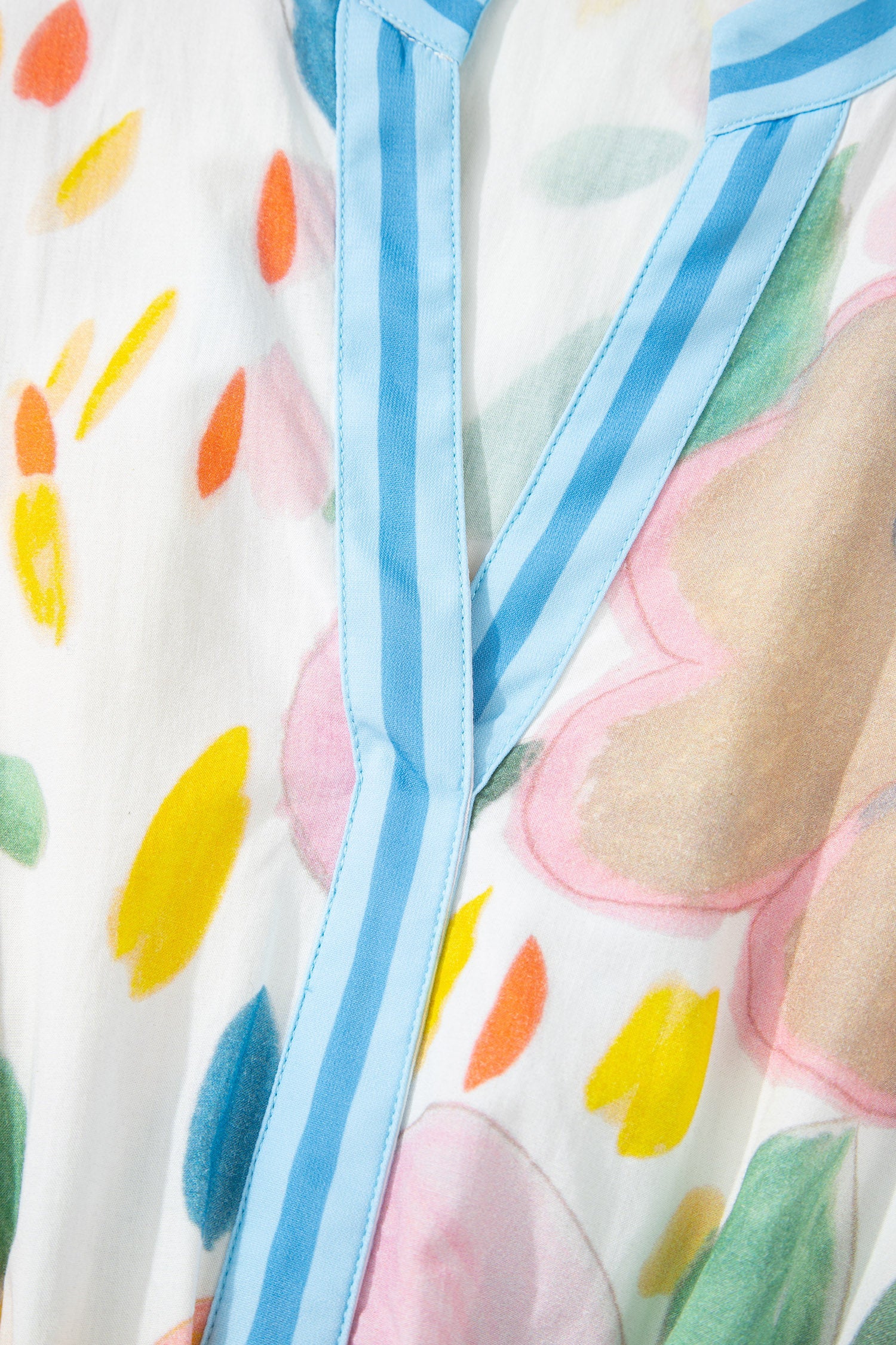 Multicolour Floral Doodle Print Striped Trim V Neck Midi Dress
