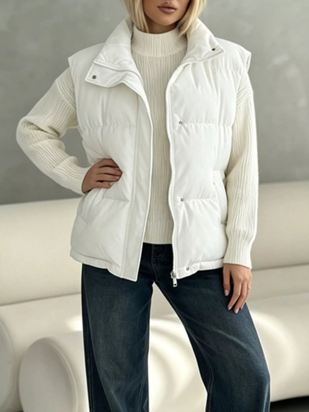 Snap-Button Placket Quilted Puffer Vest Coat