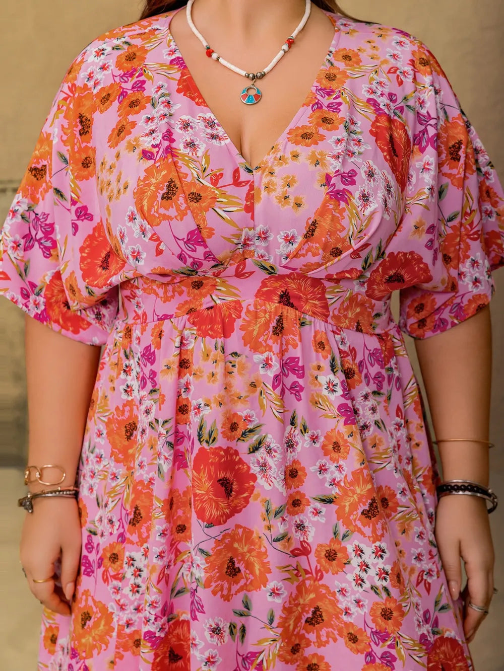 Slit Floral V-Neck Half Sleeve Maxi Dress