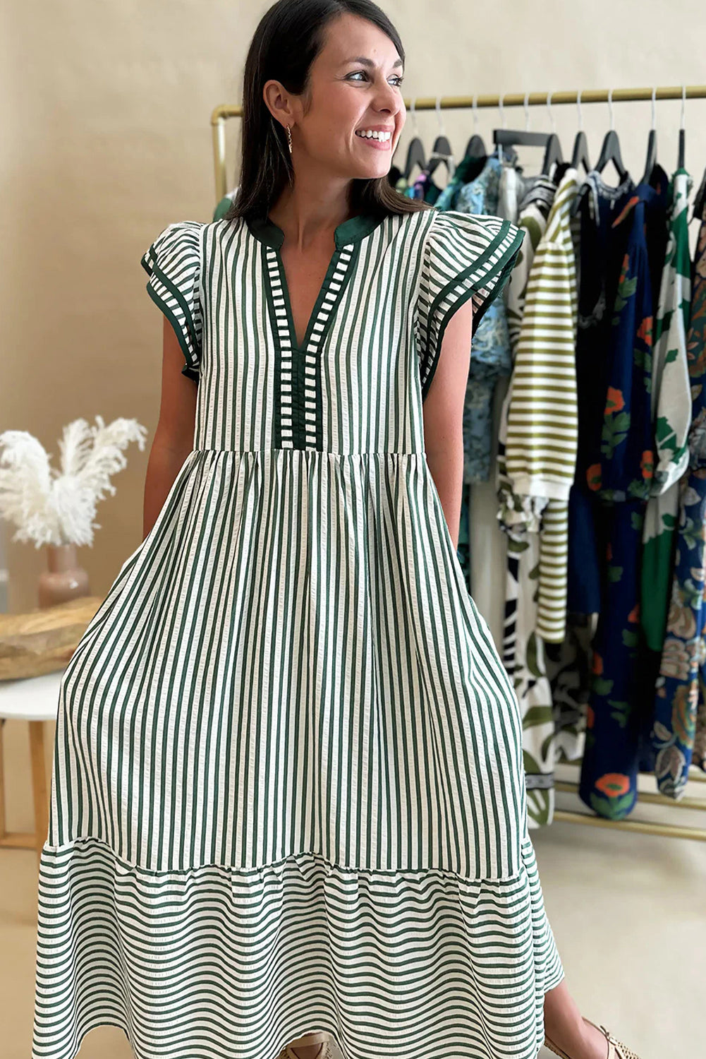 Green Stripe Double Ruffled Short Sleeve Contrast Trim V Neck Midi Dress