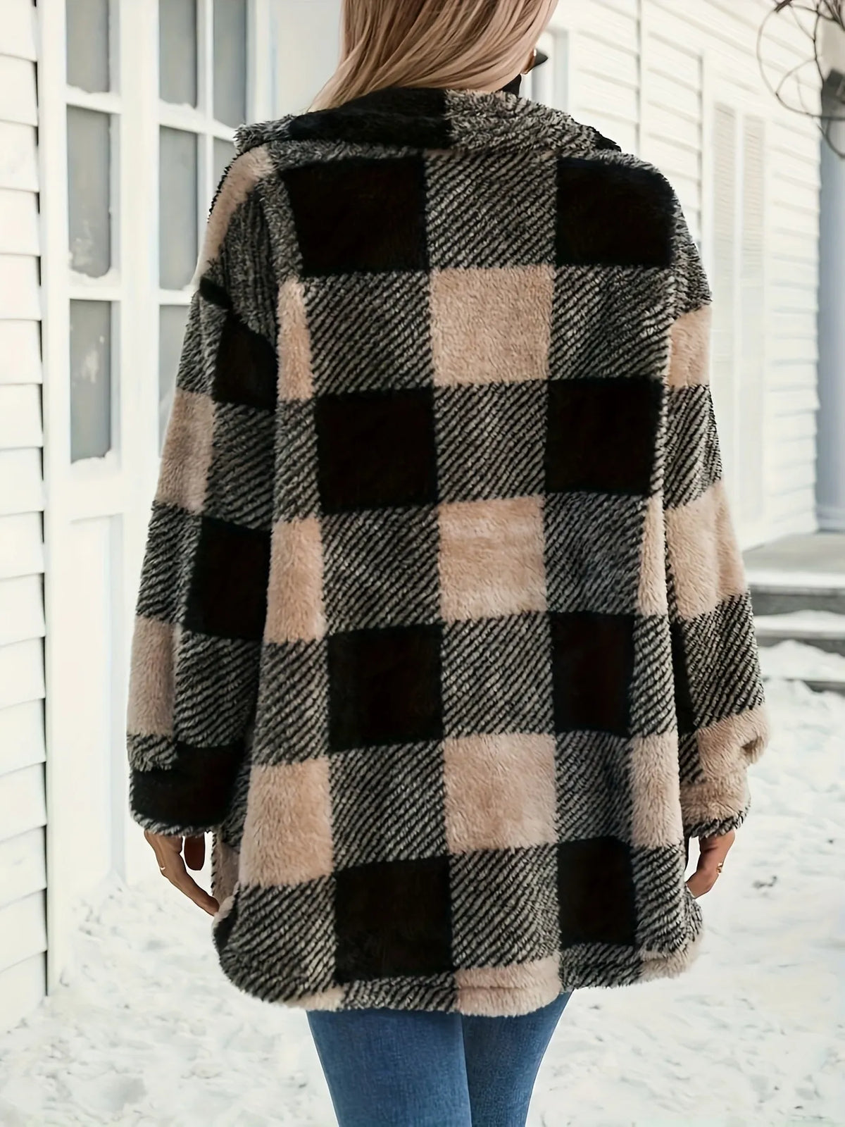 Oversized Plaid Teddy Coat with Button Front and Pockets