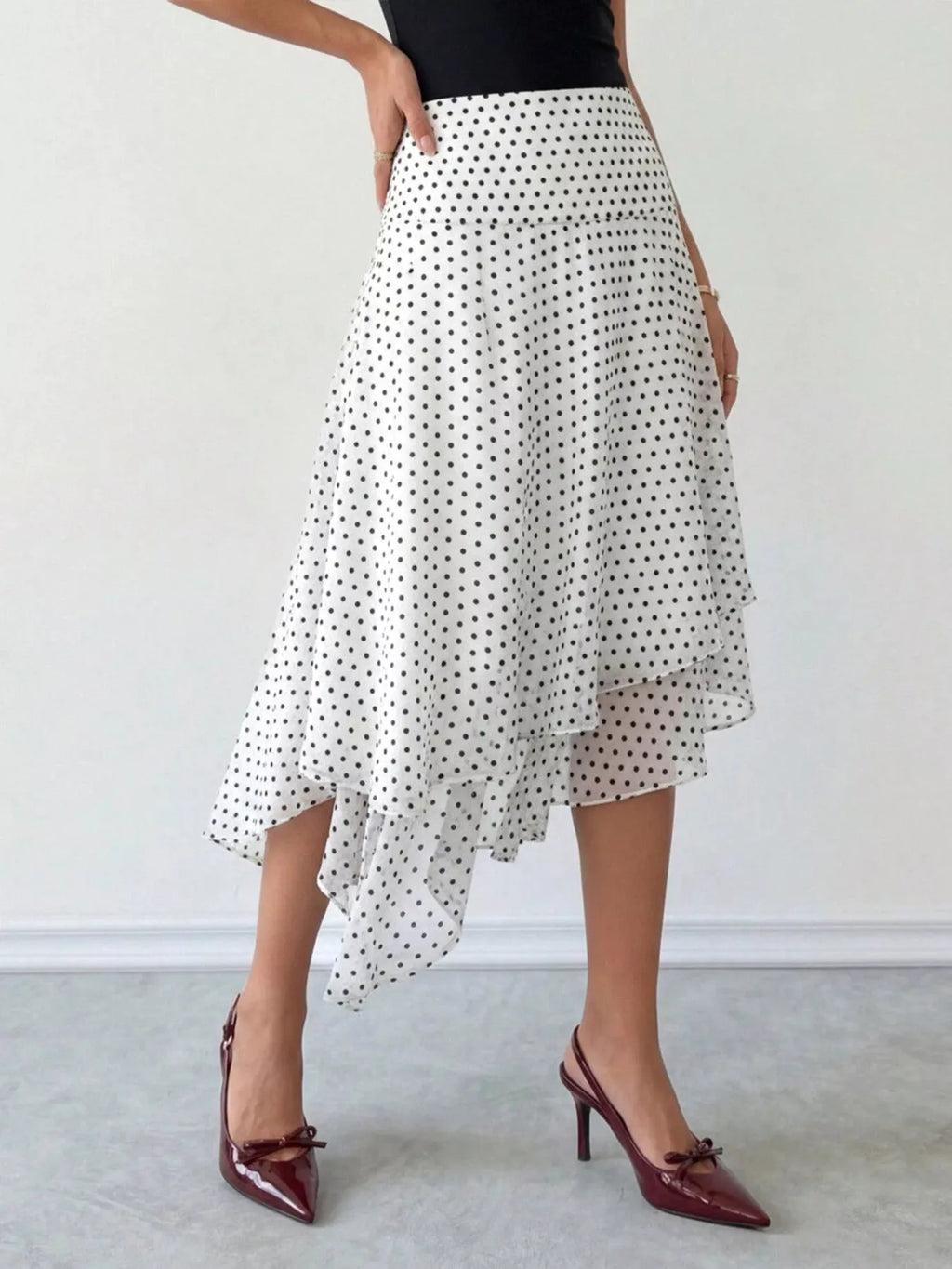 Polka Dot Asymmetrical Hem Midi Skirt