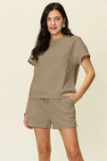 Textured Short Sleeve T-Shirt and Drawstring Shorts Set