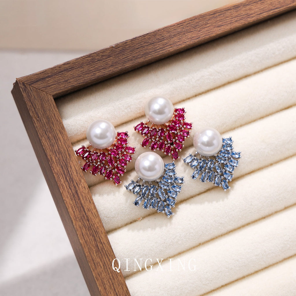 Womens Maple Leaf Pearl Inlaid Stud Earrings,Rhinestone Decorated Costume Earrings For Banquet Party Wear