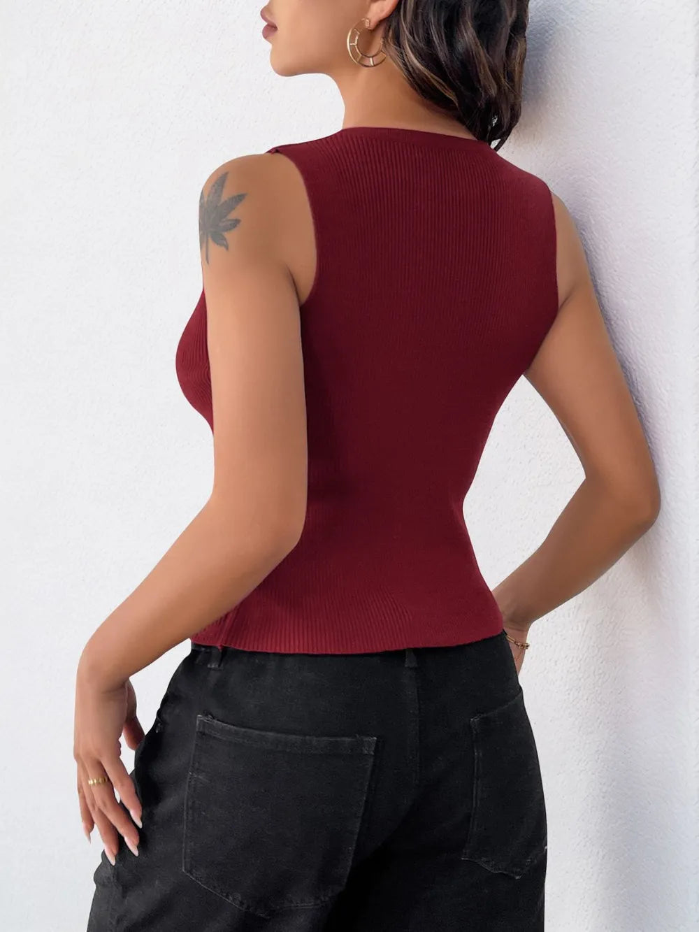 Ribbed Knit Cropped Tank with Front Knot and Buttons