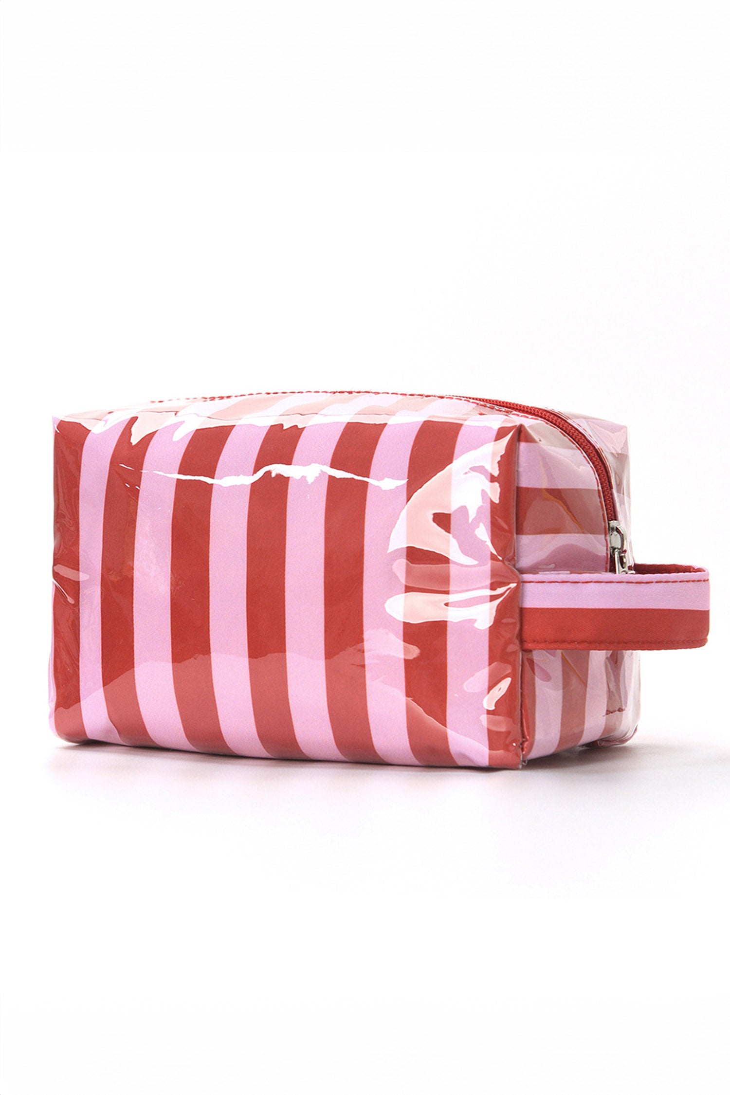 Rose Red PVC Striped Cosmetic Bag Durable Zipper Handle Travel Organizer