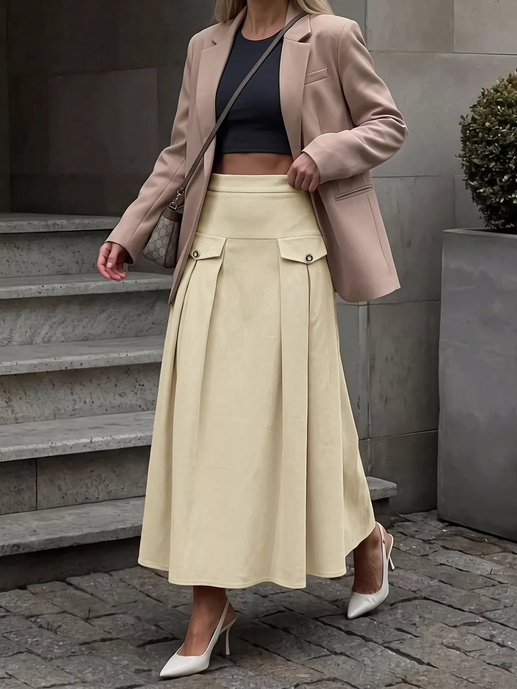 High Waist Pleated Midi Skirt