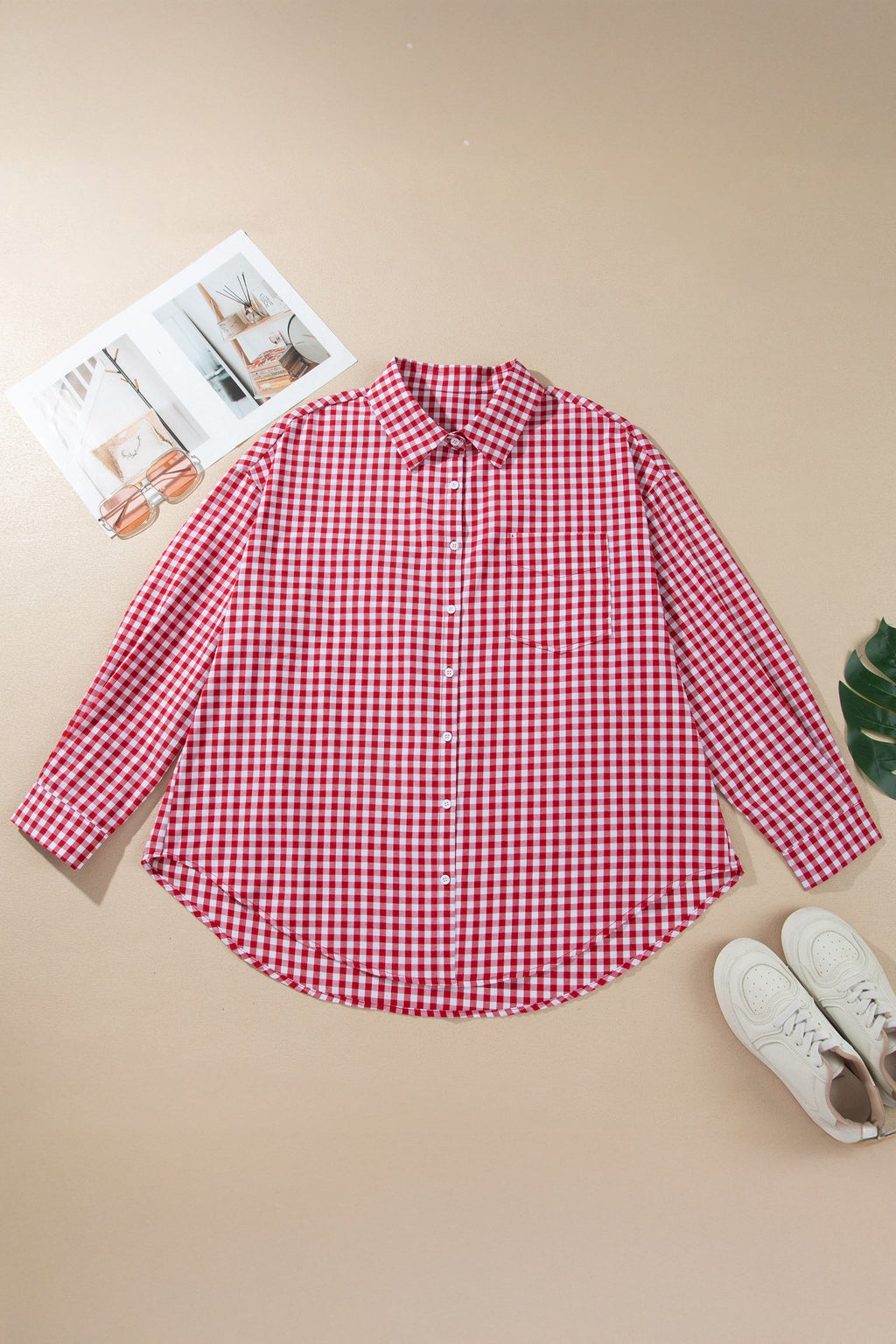 Red Plaid V Neck Long Sleeve Tunic Loose Fit Plus Size Shirt
