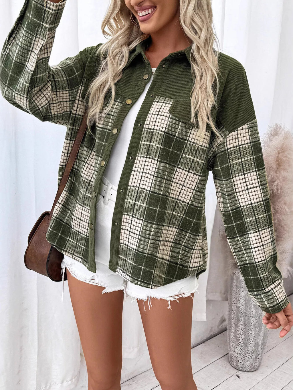 Plaid Button-Up Long Sleeve Shacket with Chest Pockets