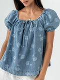 Floral Print Puff Sleeve Denim Top
