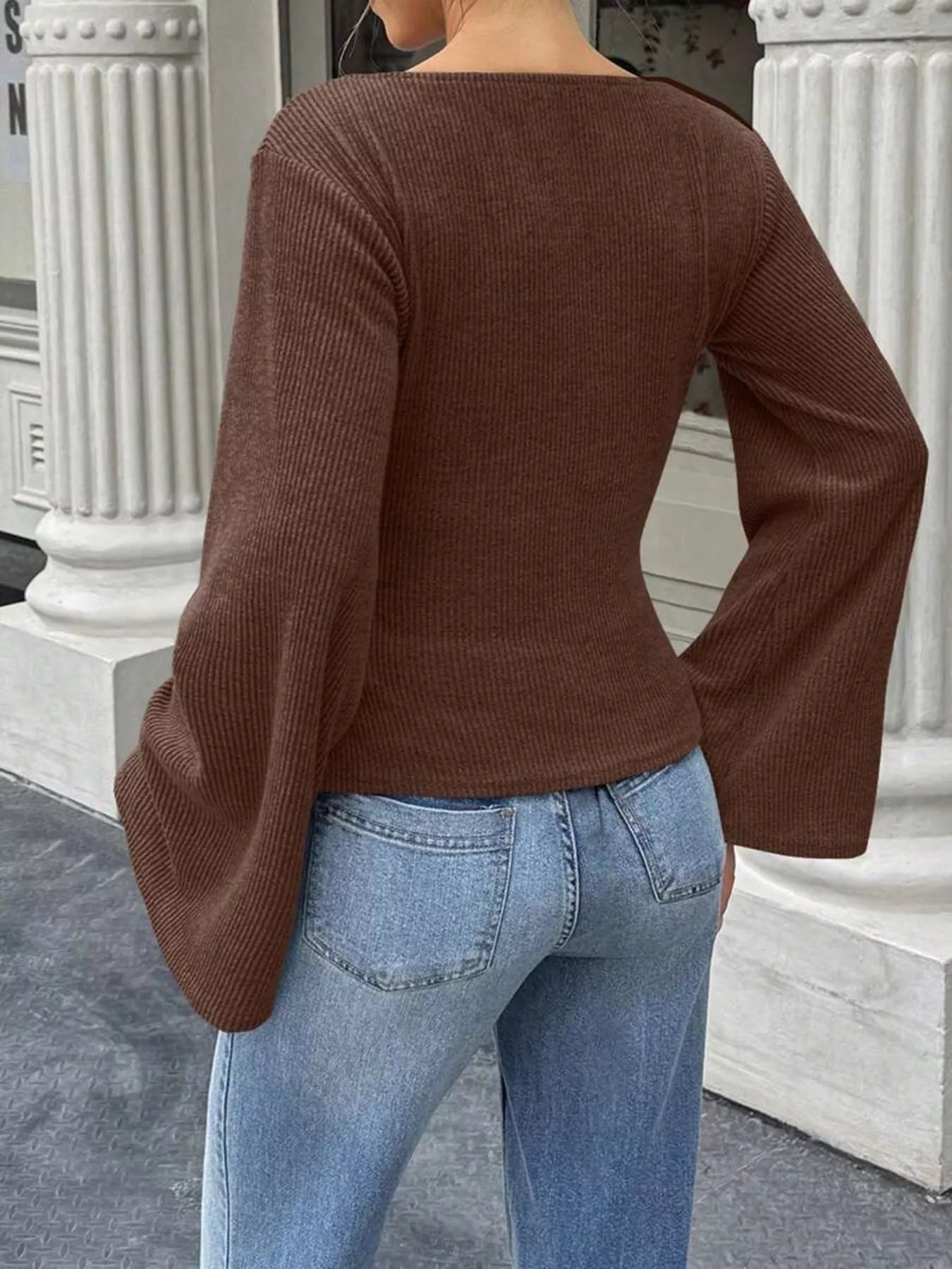 Ribbed Flare Sleeve Top with Ruched Detail