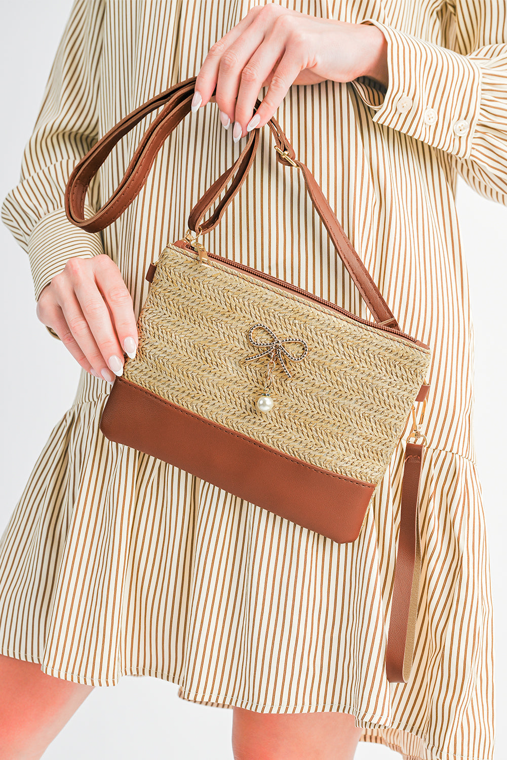 Beige Bow Pearl Decor Straw PU Leather Patched Crossbody Bag