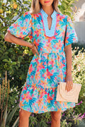 Multicolour Floral Print Contrast Scallop Striped Trim V Neck Dress