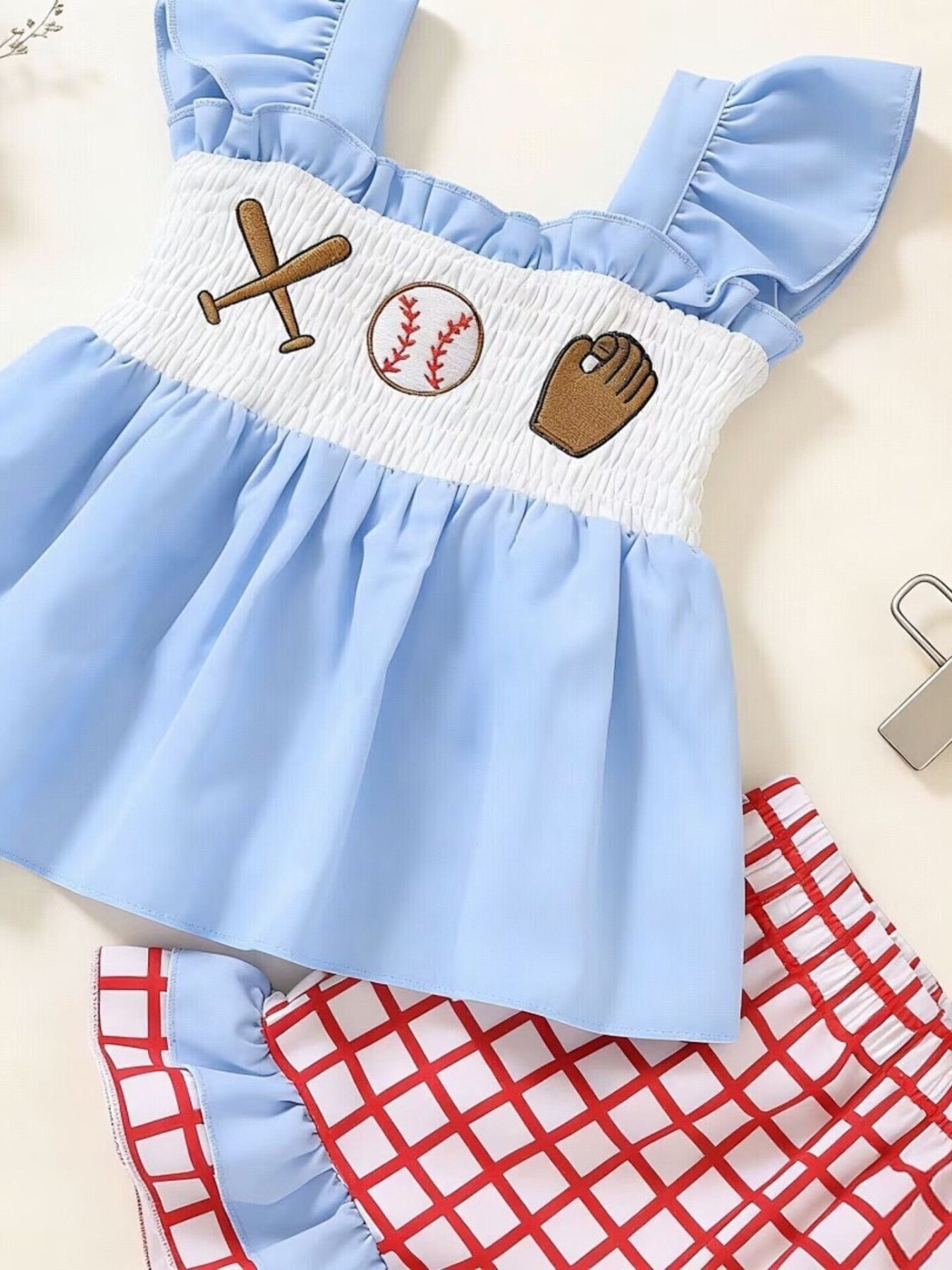 Children's Baseball Embroidered Ruffle Trim Top and Shorts Set