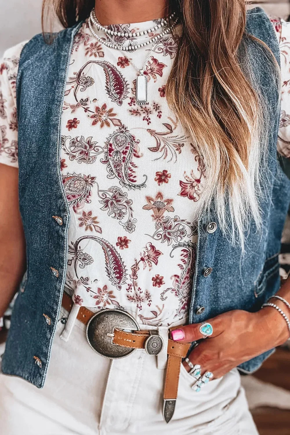 Paisley Print Mock Neck Short Sleeve Tee