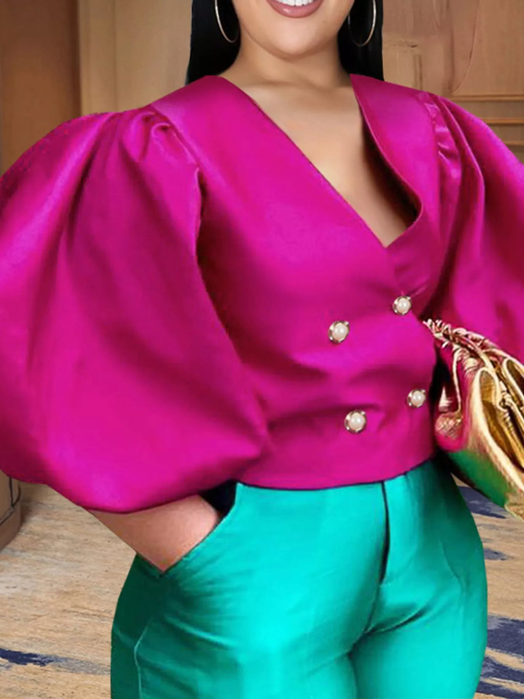 Full Size Double-Breasted Puff Sleeve Blouse Plus Size