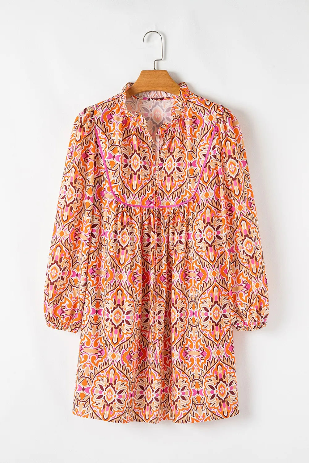 Printed Tie Neck Long Sleeve Mini Dress
