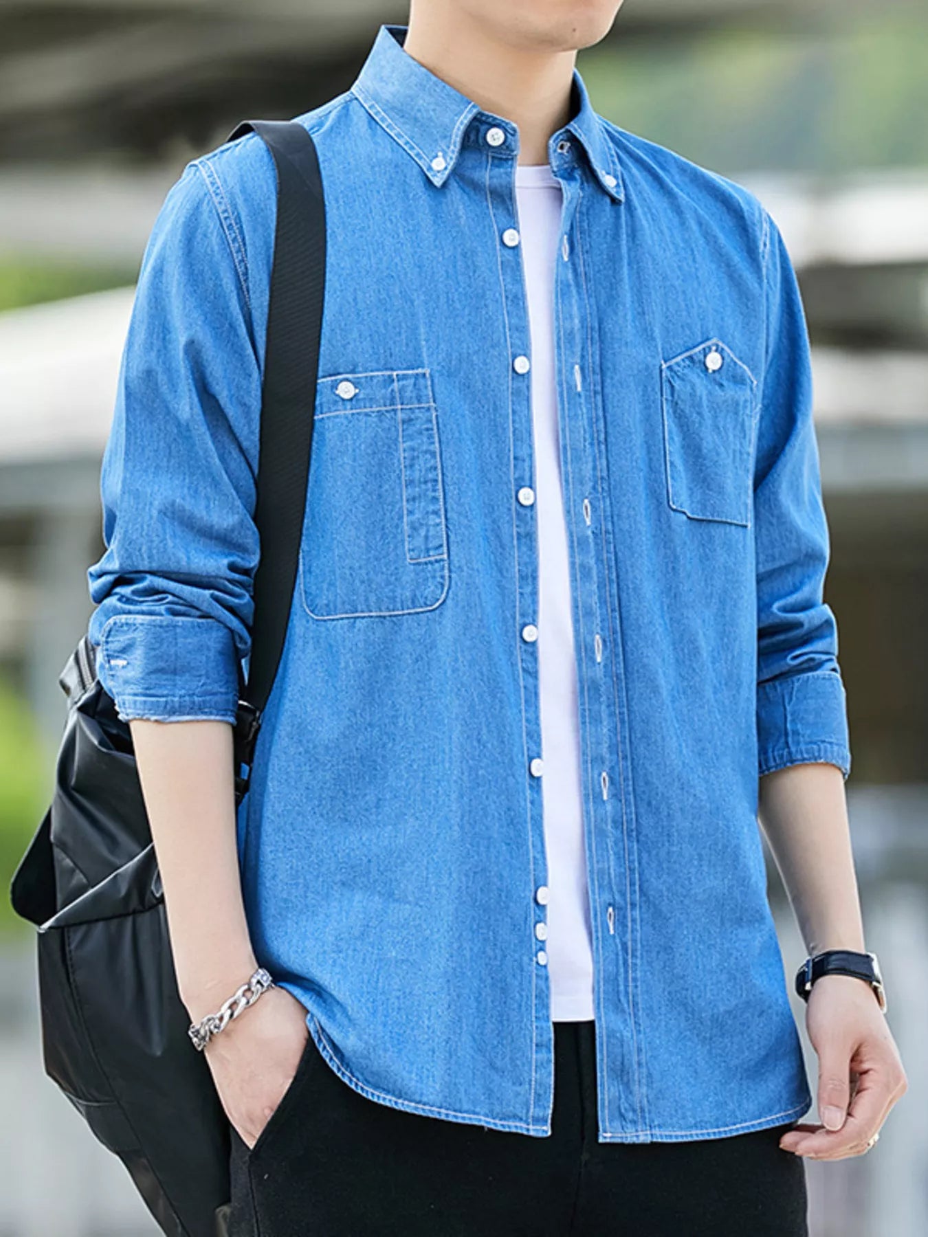Men's Full Size Casual Long Sleeve Denim Shirt with Pockets Plus Size