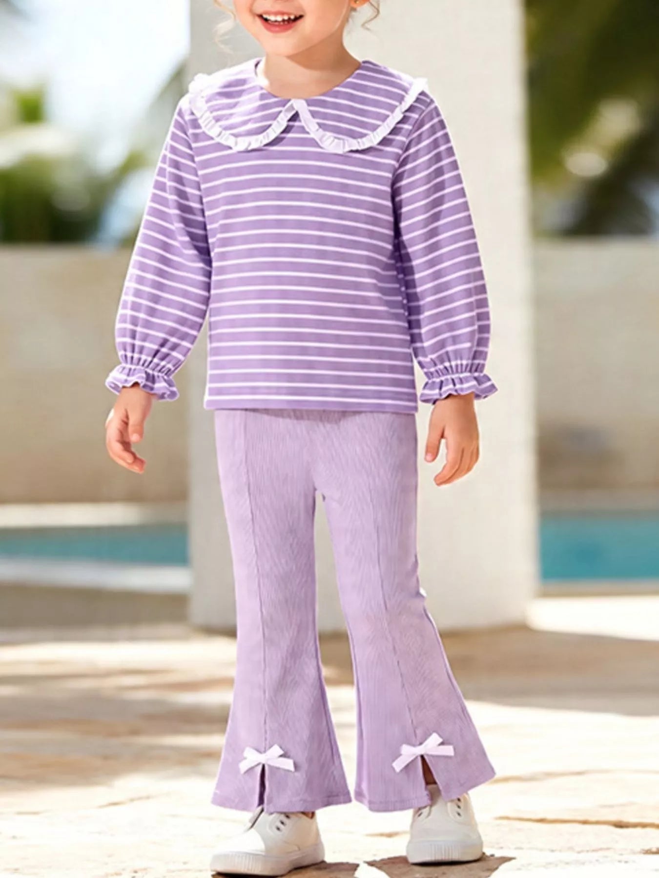 Children's Striped Peter Pan Collar Top and Flared Pants Set