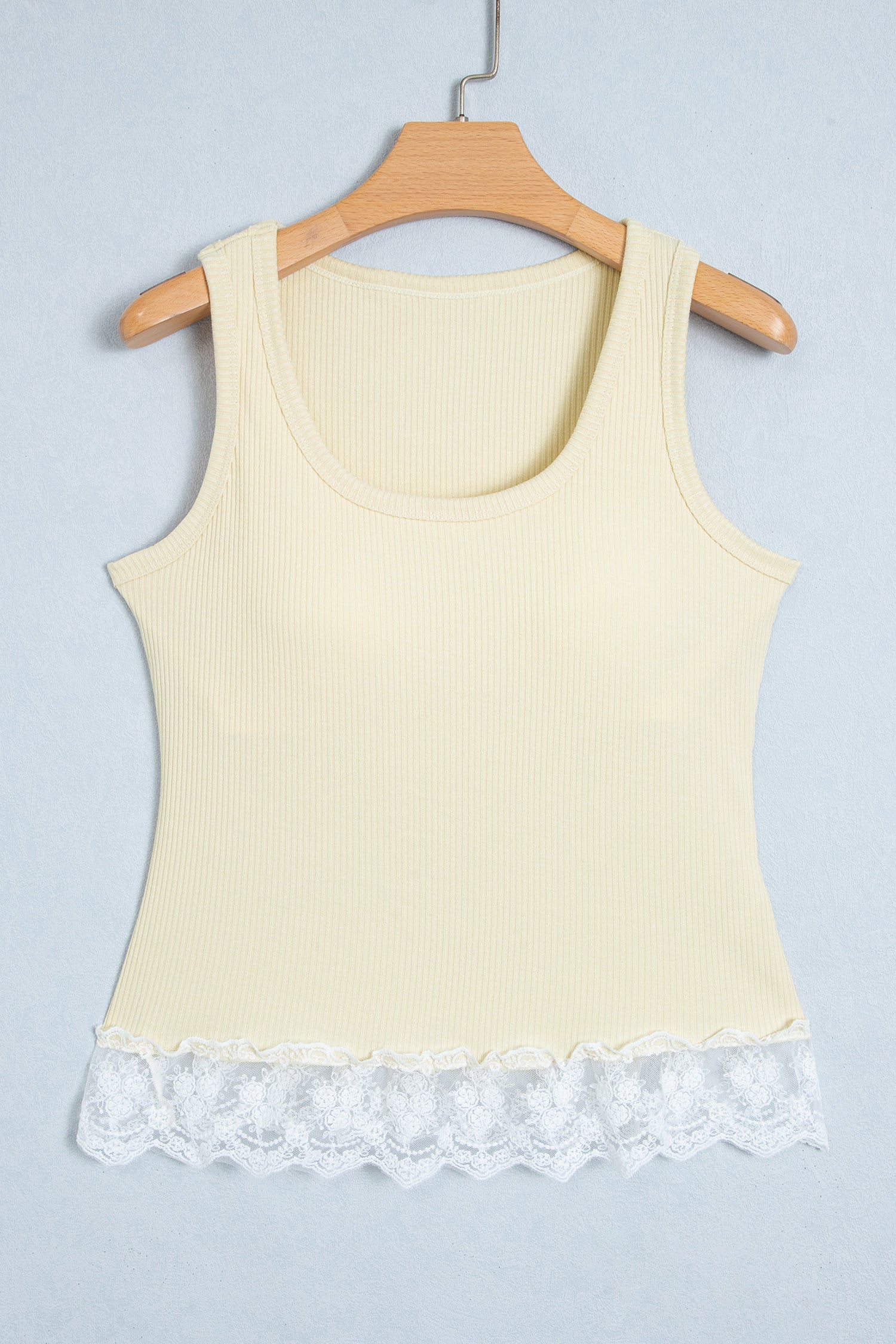 Beige Ribbed Knit Sweet Lace Hem Vest