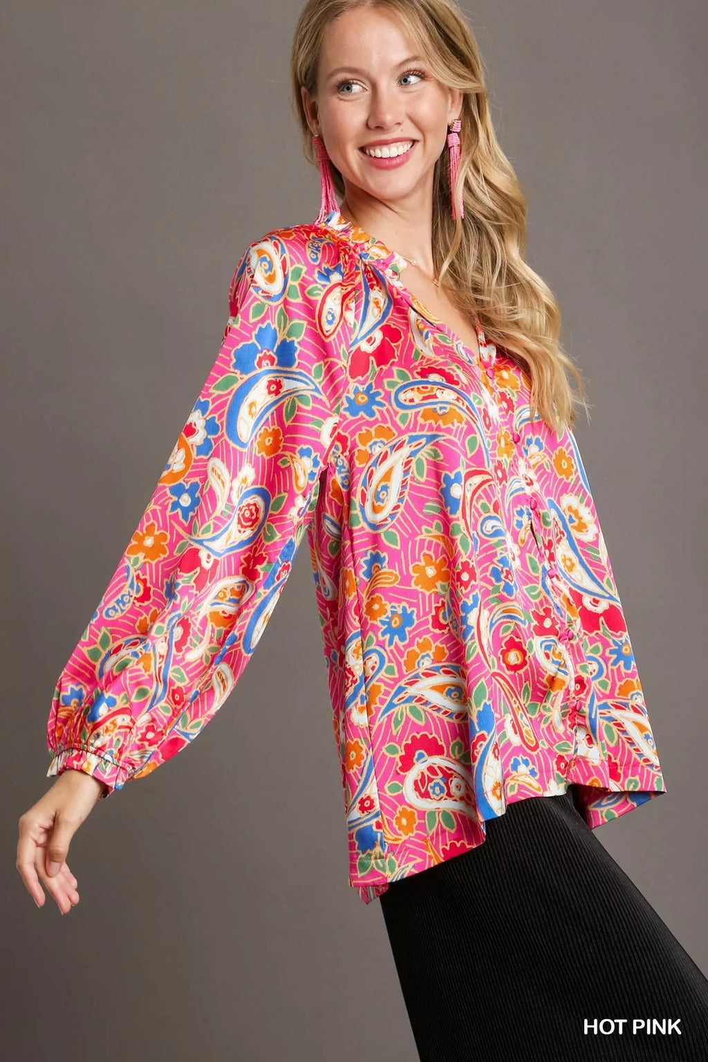Satin Paisley Ruffle Neck Button-Up Shirt – Plus Size