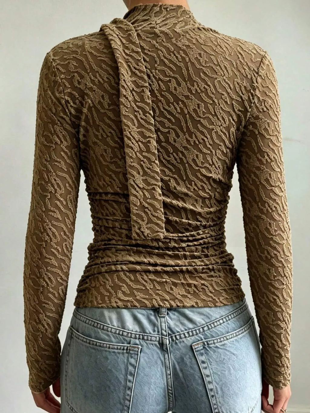 Textured Cowl Neck Long Sleeve Blouse with Scarf Detail